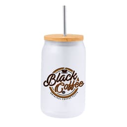 A drink bottle designed as a coffee can with a wooden lid and a metal straw, featuring a decorative logo.