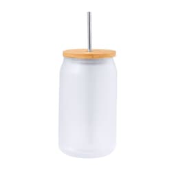 A drink bottle with a frosted glass finish, featuring a wooden lid and a metal straw. It has a logo on the surface.
