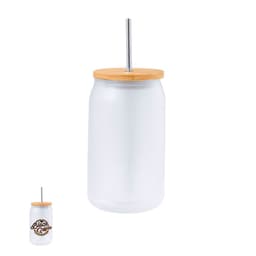 A drink bottle featuring a frosted glass design with a bamboo lid and a metallic straw, featuring a logo.