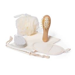 A beauty kit featuring a wooden hairbrush, loofah, body sponge, and a soft pouch, all in neutral colours.