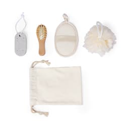 A set of bath accessories including a natural loofah, brush, scrubber, pumice stone, and a storage pouch in cream colour.