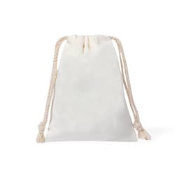 A drawstring pouch in cream colour made from soft fabric, featuring twin rope closures.