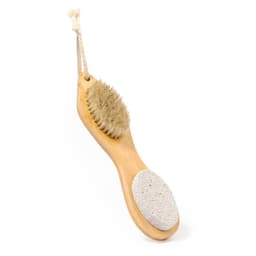 A natural wooden brush with a soft bristle head and a pumice stone on the opposite side. It has a hanging rope.