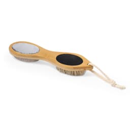 A bamboo body brush with a pumice stone, bristle brush, and a hanging rope. Features a smooth and textured side.