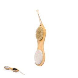 A wooden body brush with natural bristles and a pumice stone, featuring a hanging rope.