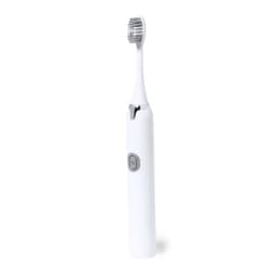 An electric toothbrush in white with a grey button and a textured bristle head. It has a sleek, modern design.