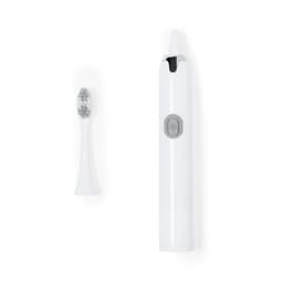 A white personal care device with a brush head attachment, featuring a power button and a sleek design.