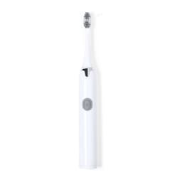 A white electric toothbrush with a grey button and a soft bristle head, featuring a sleek modern design.