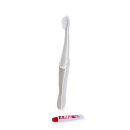 A white toothbrush with a flexible handle paired with a red tube of toothpaste. Both items are displayed together.