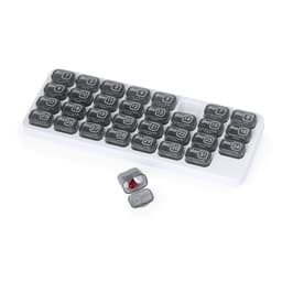 A grey weekly pill organiser with compartments labelled from day 1 to day 31, featuring a small red capsule.