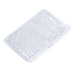 A clear gel-filled heat pack in a rectangular shape with a white border and a textured surface.