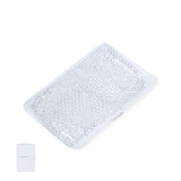 A clear gel pack in a white casing, featuring a textured surface for comfort.