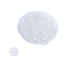 A gel pack in an oval shape with a clear, textured surface. It includes a small circle for secure attachment.