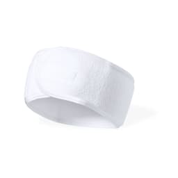 A white headband made from soft fabric, featuring a simple design and a logo.