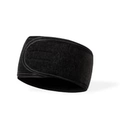 A black headband made of soft fabric, featuring a textured design and an attached logo.