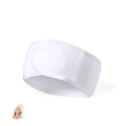 A white terry cloth headband with a logo, designed for headwear.