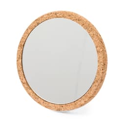 A round mirror with a cork frame, featuring a smooth reflective surface. Suitable for various decor styles.