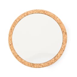 A circular mirror with a natural cork outer frame, featuring a clear reflective surface.