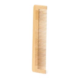 A wooden hair comb with fine and wide teeth, featuring a natural finish. It has a simple design and shape.