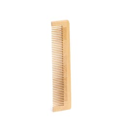 A wooden comb in a natural finish with evenly spaced teeth, featuring a smooth edge.