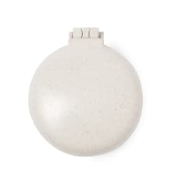A round, cream-coloured compact mirror with a clasp closure, featuring a natural textured finish.