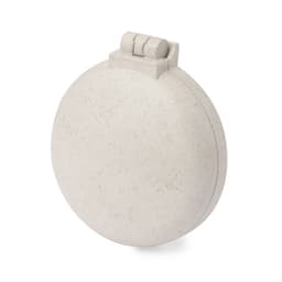 A round, light grey mirror compact with a hinged opening, featuring a natural, textured finish.