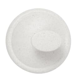 A white, speckled lid with a raised centre, designed for a container, featuring a smooth, rounded shape.