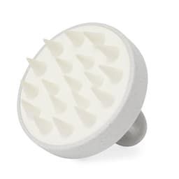 A hair scalp massager with a grey handle and white rubber spikes for a soothing massage experience.