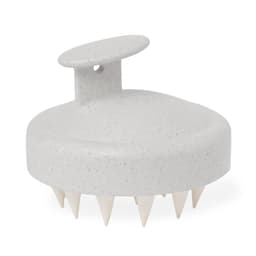 A grey hair scalp massager with a round design and soft, pointed bristles for gentle stimulation. It has a handle on top.