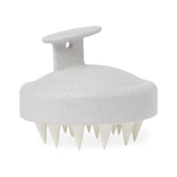 A grey massage scalp scrubber with soft, pointed bristles and a handle for easy grip. It has a rounded design.
