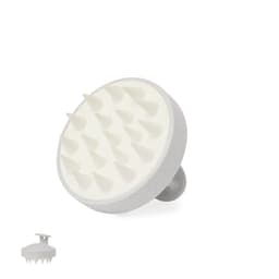 A grey and white scalp massager with soft, pointed bristles, featuring a sturdy handle and a simple design.