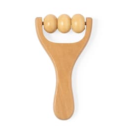 A wooden massage roller with three round wooden beads, designed for personal care and relaxation.