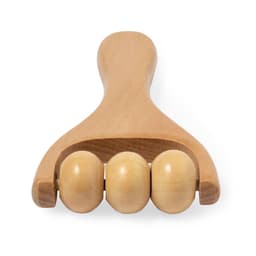 A wooden massage tool featuring three rounded rollers and a curved handle for easy grip and use.