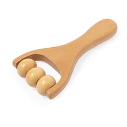 A wooden massage roller with three rounded balls and a handle, featuring a natural finish.