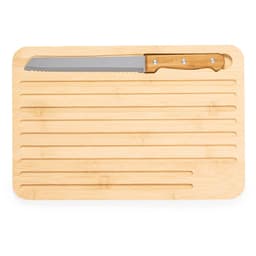 A bamboo chopping board with a serrated knife, featuring a smooth surface and subtle grooves for cutting.