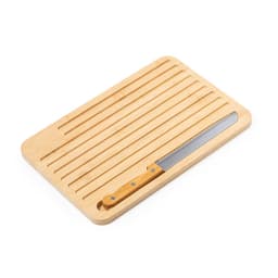 A bamboo chopping board with grooves and a stainless steel knife, featuring a wooden handle.