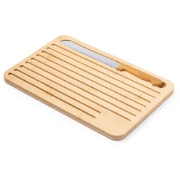 A rectangular bamboo chopping board with grooves, featuring a wooden-handled knife alongside it.