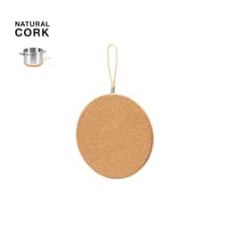 A round cork pot holder in a natural colour, featuring a loop for hanging. Includes a logo.