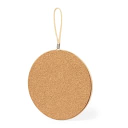 A round cork drink coaster with a beige rope handle, featuring a simple design and a textured surface.