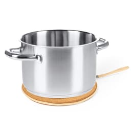 A stainless steel pot sits on a cork base, featuring two handles for easy lifting.