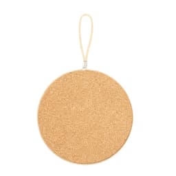 A round cork drink bottle holder with a beige zipper and a hanging loop. Features a simple design.