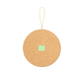 A circular, gold-coloured Melorix Holder with a mint green square and a zip closure. It features a hanging loop.