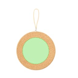 A circular cork holder with a green inner section and a hanging strap. It has a stitching detail around the edge.