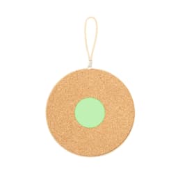 A circular cork holder with a green centre and a zip closure, featuring a hanging loop.