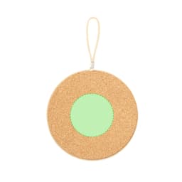 A round cork holder featuring a green circular centre and a zip closure, complete with a hanging loop.