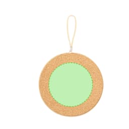 A circular cork holder with a green centre and a zippered edge, featuring a loop for hanging.