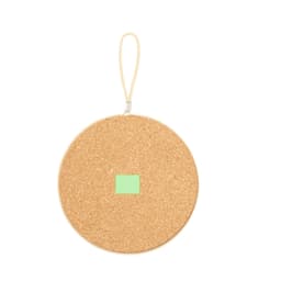 A round cork holder in natural tones with a mint green square detail and a zip closure.
