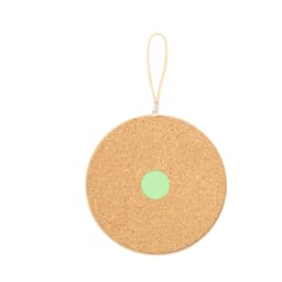 A round, cork drink bottle holder with a mint green circular accent and a zip closure. Features a loop for easy carrying.