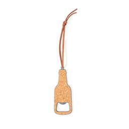 A drink bottle opener in the shape of a bottle, featuring a cork design and tied with a brown cord.