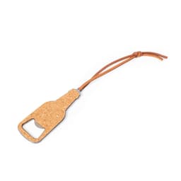 A drink bottle opener with a cork body and metal base, featuring a leather strap for attachment.